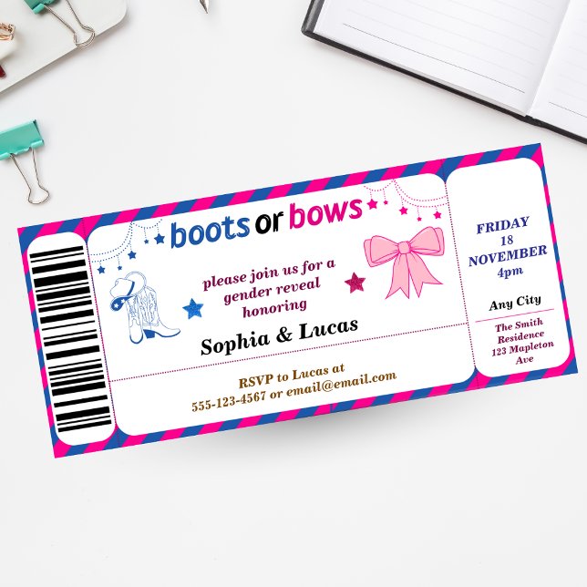 boots or bows gender reveal Ticket Style Invitation (Creator Uploaded)