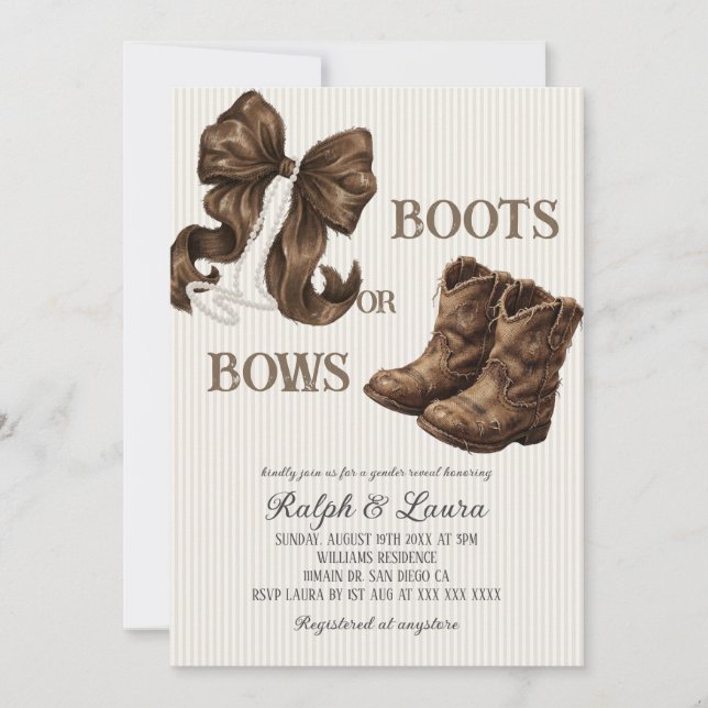 Boots Or Bows Neutral Brown Gender Reveal Invitation (Front)