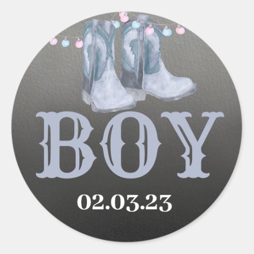 Boots or bows round sticker for Gender Reveal