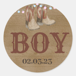 Boots or bows round sticker for Gender Reveal.