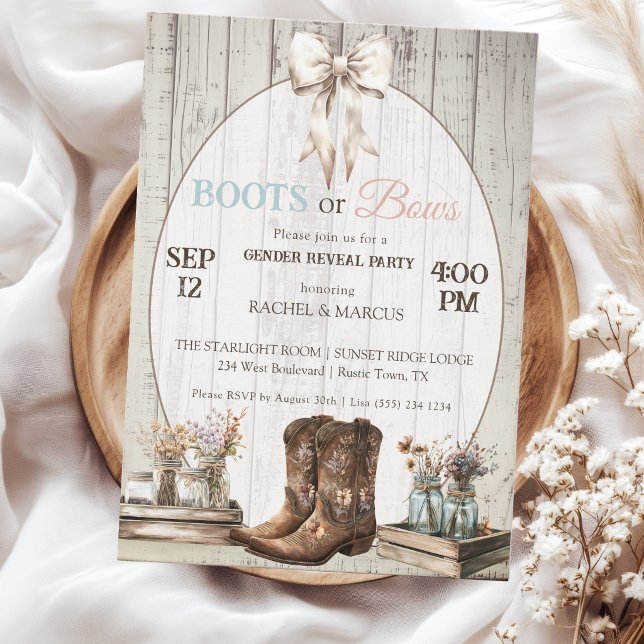 Boots or Bows rustic boho Gender reveal party Invitation (Creator Uploaded)