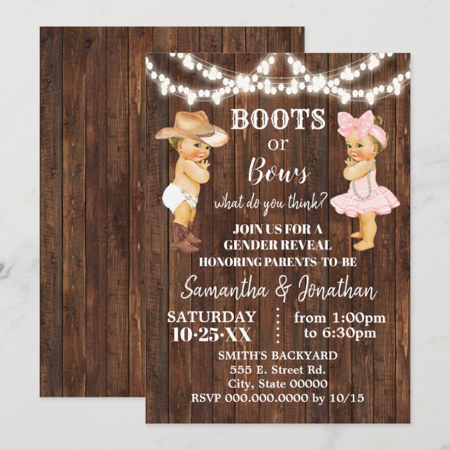 Boots or Bows Rustic Country Gender Reveal Invitation (Front/Back)