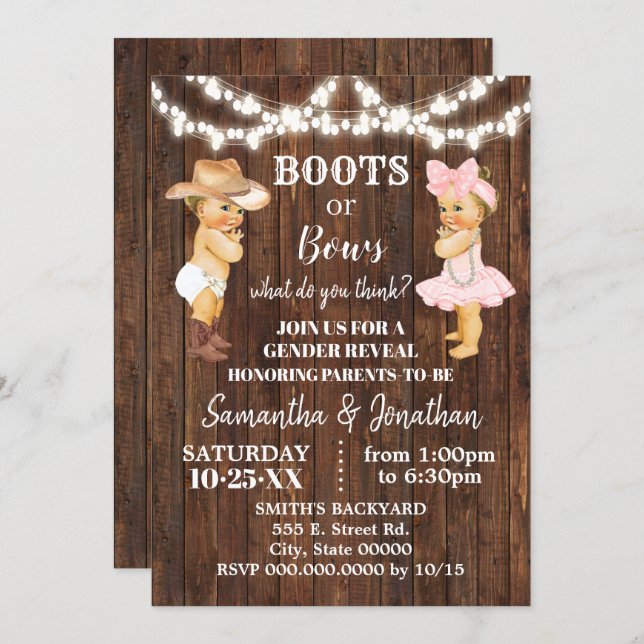 Boots or Bows Rustic Country Gender Reveal Invitation (Front/Back)