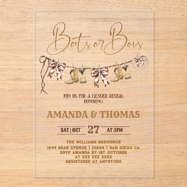 Boots or Bows Western Gender Reveal Acrylic Invitations (Front)
