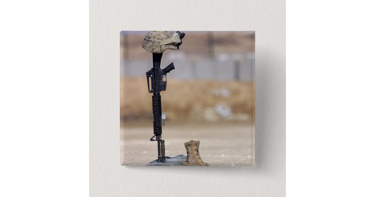 Boots, rifle, dog tags, and protective helmet pinback button Zazzle