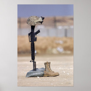 Boots, rifle, dog tags, and protective helmet poster