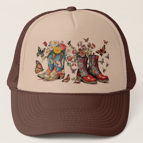 Boots with Roses Daisies and Butterflies Trucker Hat