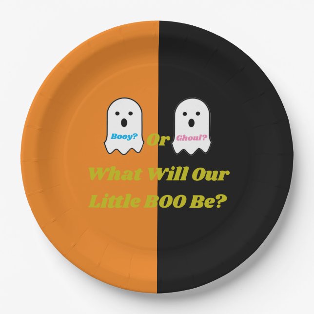 Booy or Ghoul Halloween Ghost Gender Reveal Paper Plates (Front)