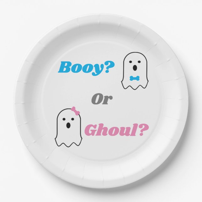 Booy or Ghoul Halloween Ghost Gender Reveal Paper Plates (Front)
