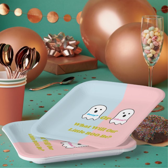 Booy or Ghoul Halloween Ghost Gender Reveal Paper Plates (Multi)