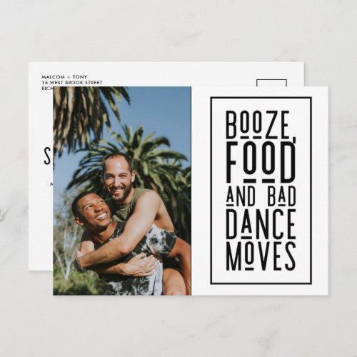 Booze Food Bad Dance Funny LGBT Gay Save Date Announcement Postcard