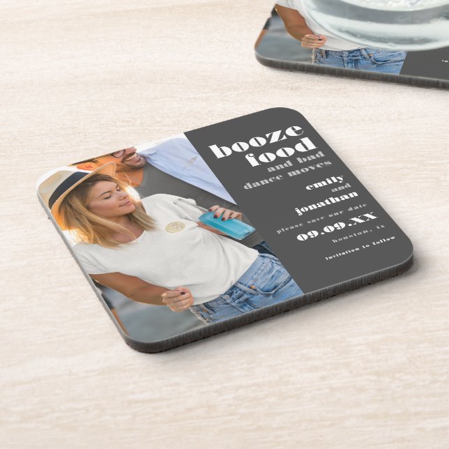 Booze Food Bad Dance Gray Photo Save The Date Beverage Coaster (Left Side)