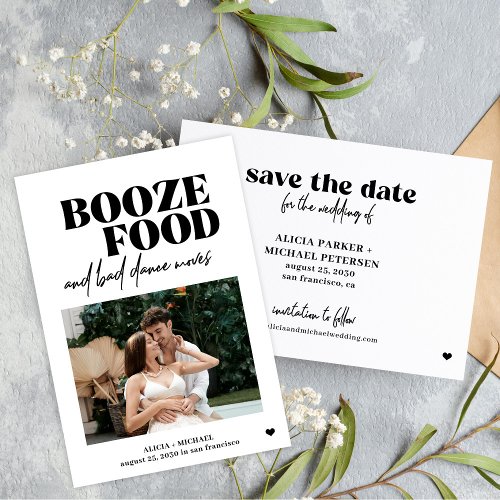 Booze food bad dance moves casual wedding save the date