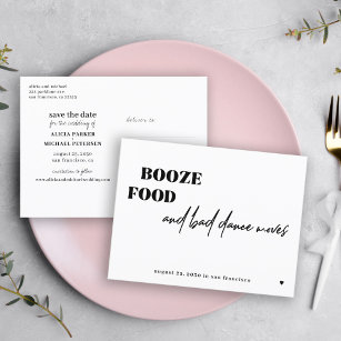 Booze food bad dance moves funny save the date announcement postcard