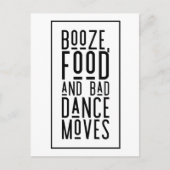 Booze, Food, Bad Dance Moves Funny Save the Dates Announcement Postcard (Front)