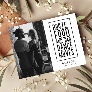 Booze, Food, Bad Dance Moves Funny Save the Dates Announcement Postcard