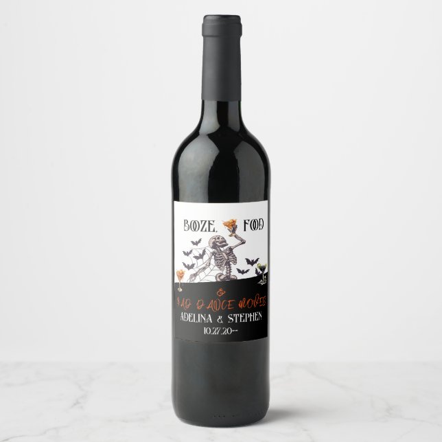 Booze Food Bad Dance Moves Gothic Wedding Skeleton Wine Label (Front)