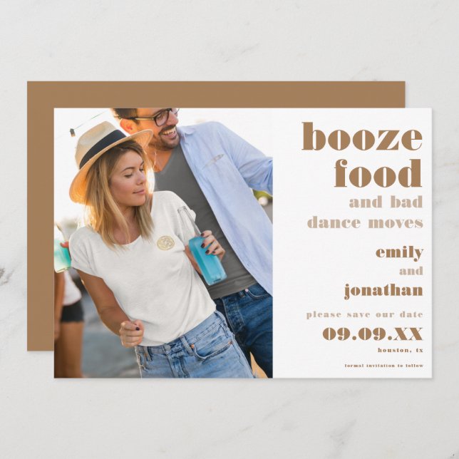 Booze Food Bad Dance Moves Photo Gold Save The Date (Front/Back)