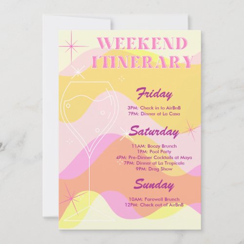 Boozy  Groovy Bachelorette Weekend Itinerary Invitation