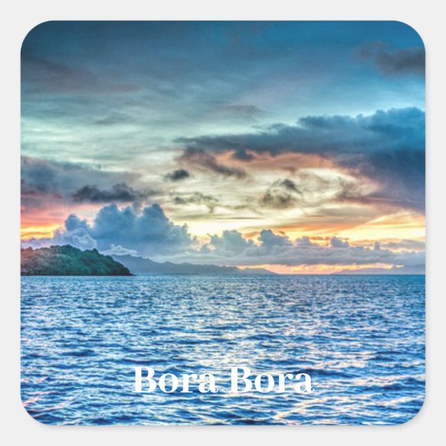 Bora Bora beautiful sunset, labeled, Square Sticker (Front)