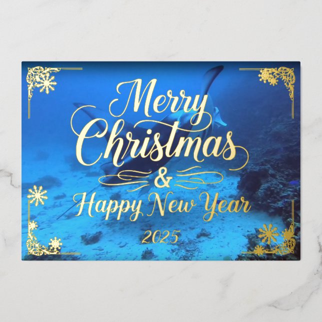 Bora Bora Manta Merry Christmas with Poem, Gold Foil Holiday Card (Front)