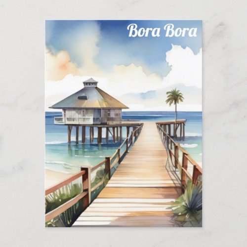 Bora Bora Tropical Beach Resort Watercolor Postcard