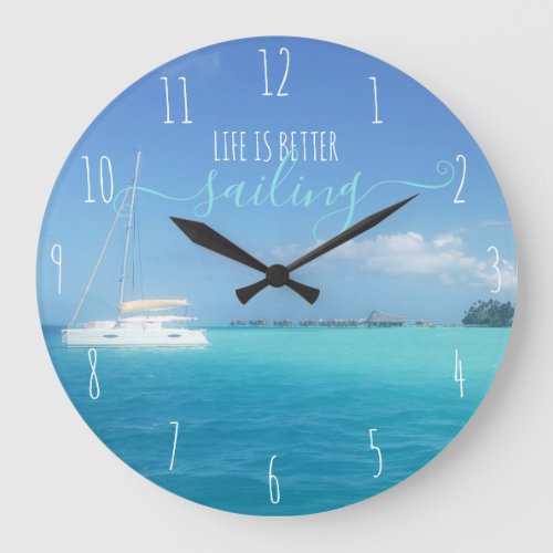 Bora Bora Tropical Ocean Catamaran and Huts Large Clock