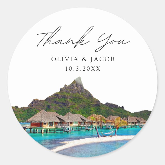 Bora Bora Wedding Favor Photo Thank You Classic Round Sticker (Front)