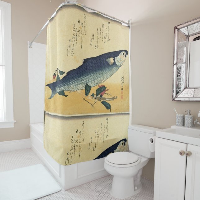 Bora (Gray Mullet) Hiroshige's Japanese Fish Print Shower Curtain (In Situ)