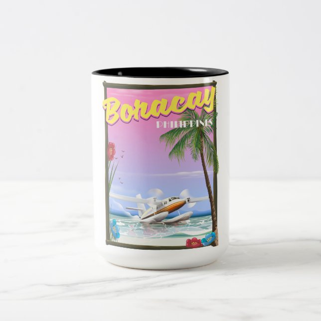 Boracay Philippines beach travel poster Two-Tone Coffee Mug (Center)