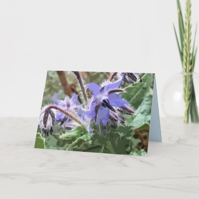 Borage star flower woodblock effect blank card (Front)