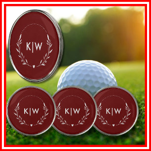 Bordeaux and White   Modern Initials Monogram Golf Ball Marker
