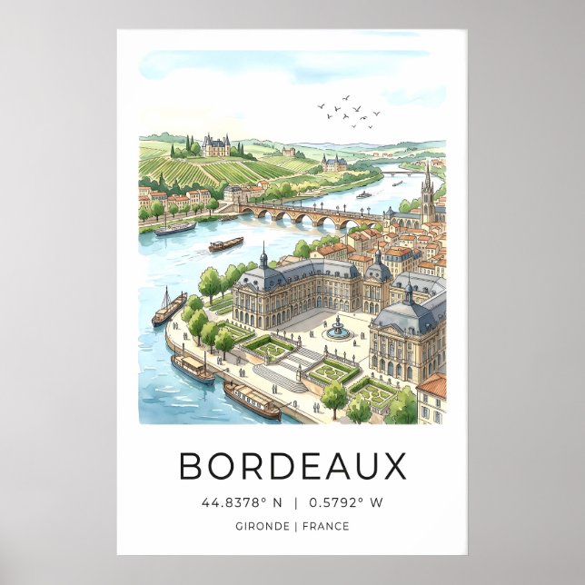 Bordeaux City Art Print Hand-Drawn River Scene (Front)