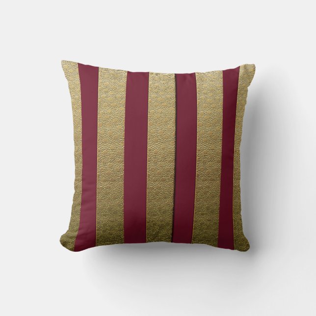 Bordeaux Color Gold Stripes Polyester Throw Pillow (Front)