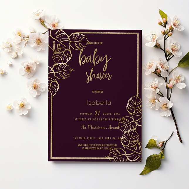 Bordeaux deep rich red gold floral Baby Shower Invitation (Bordeaux deep rich red gold floral Baby Shower)