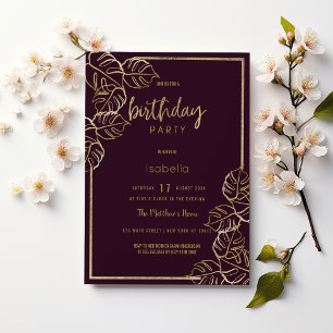 Bordeaux deep rich red gold floral Birthday Invitation