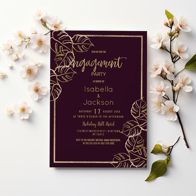 Bordeaux deep rich red gold floral Engagement  Invitation (Bordeaux deep rich red gold floral Engagement)