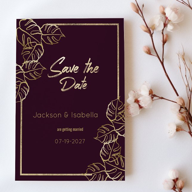 Bordeaux deep rich red gold floral Save the Date Invitation (Bordeaux deep rich red gold floral Save the Date)