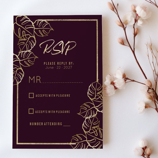 Bordeaux deep rich red gold floral Wedding RSVP  Invitation (Bordeaux deep rich red gold floral Wedding RSVP)