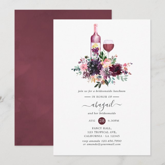 Bordeaux Floral Wine Tasting Bridesmaids Luncheon Invitation (Front/Back)