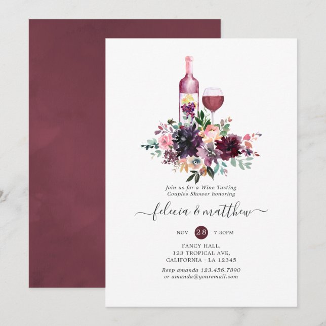 Bordeaux Floral Wine Tasting Couples Shower Invitation (Front/Back)