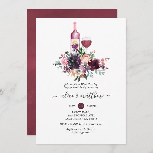 Bordeaux Floral Wine Tasting Engagement Party Invitation