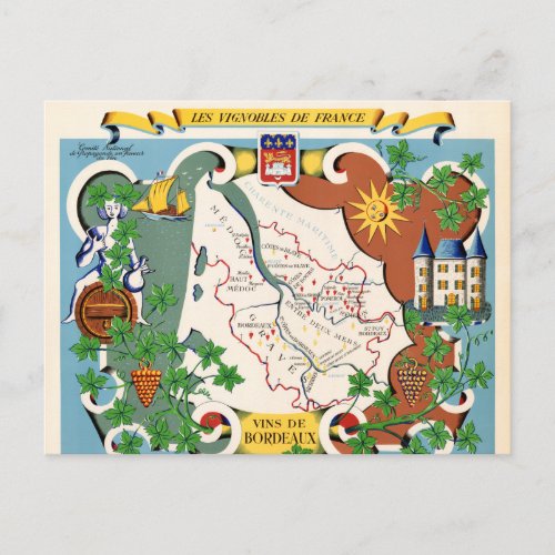 Bordeaux France Vintage Map Postcard