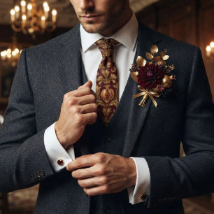 Bordeaux Gold Pomegranate Renaissance Brocade Neck Tie