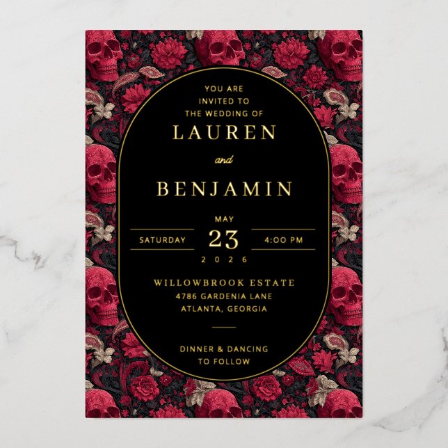 Bordeaux Gothic Paisley Wedding Foil Invitation (Front)