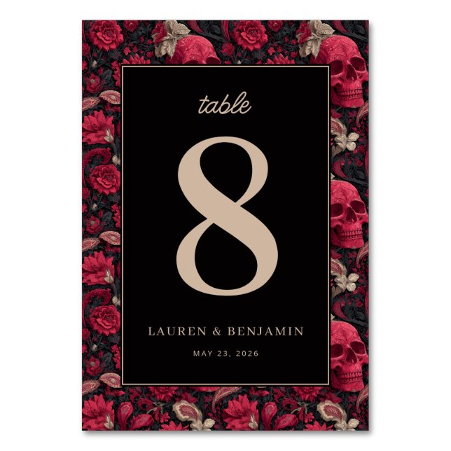 Bordeaux Gothic Paisley Wedding Table Number (Front)