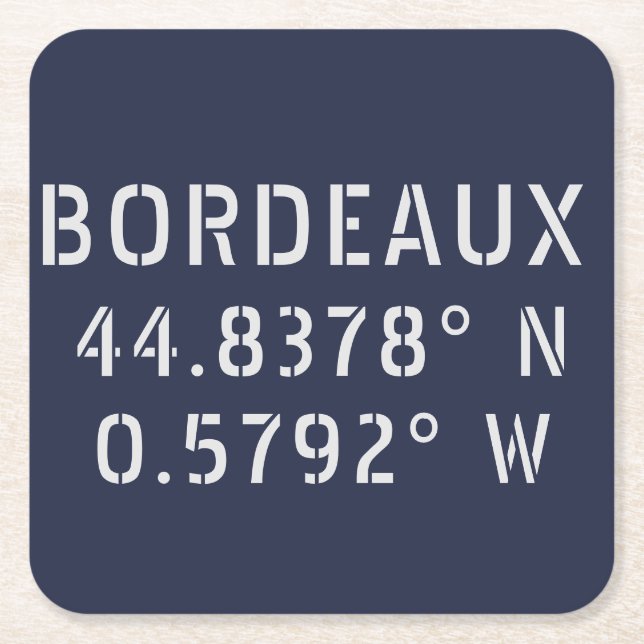 Bordeaux Latitude Longitude Square Paper Coaster (Front)