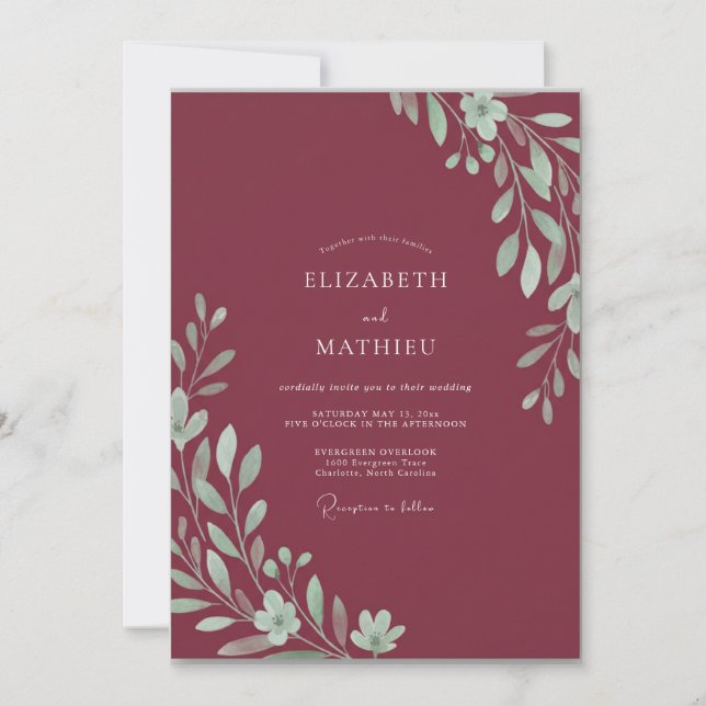 Bordeaux Leafy Wedding Invitation (Front)