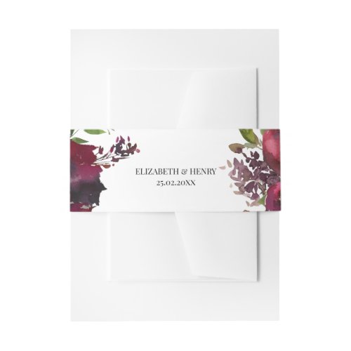 Bordeaux Red Burgundy Watercolor Floral  Invitation Belly Band