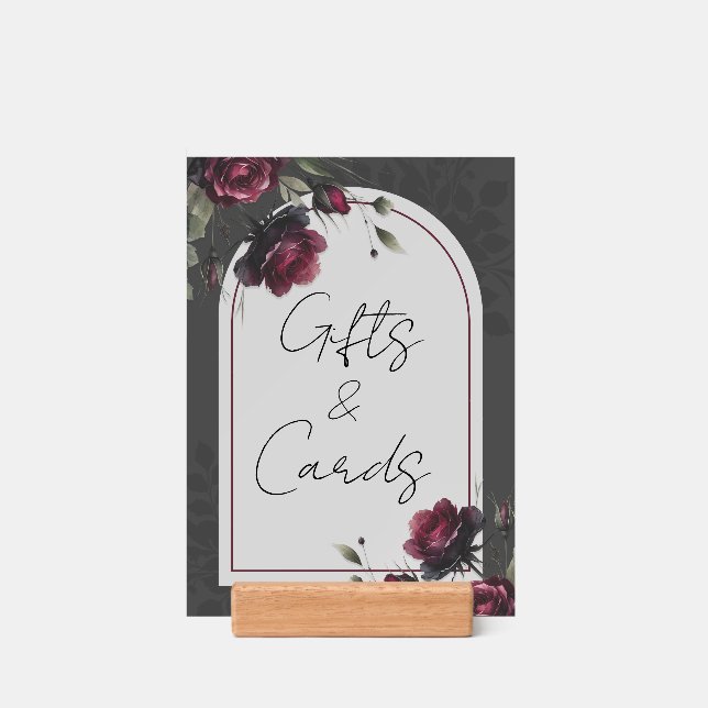 Bordeaux Red Roses Shadowy Floral Guestbook Sign Holder (Woodblock)